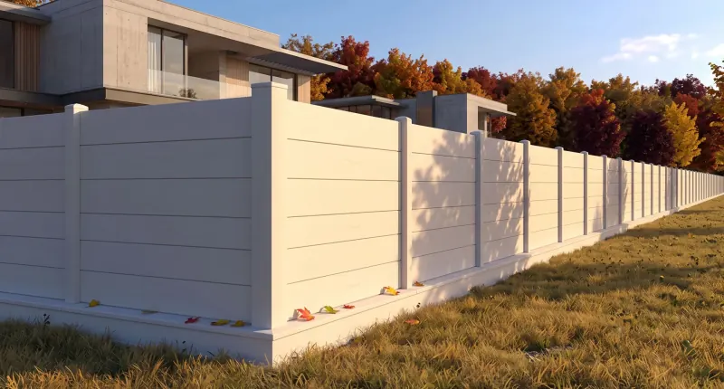 Weißer Betonzaun mit glatten Zaunplatten neben einem modernen Haus