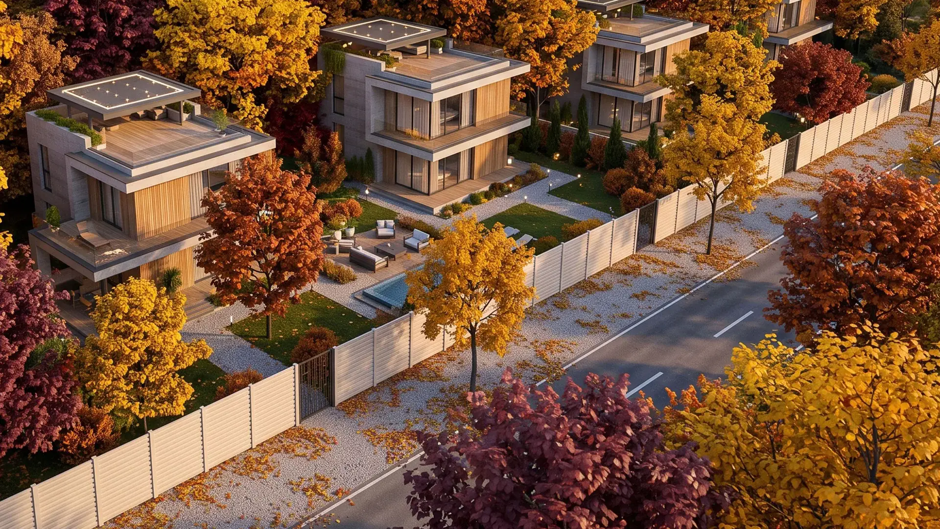 Wohnviertel mit Häusern und Betonzäunen entlang der Straße, Ansicht von oben im Herbst